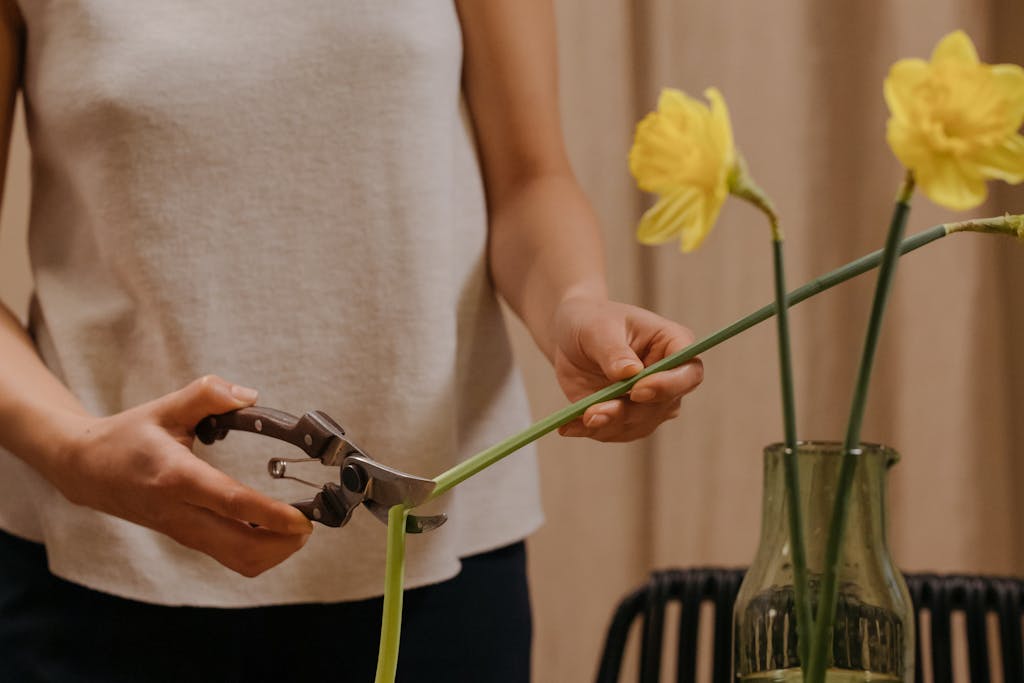 Hands trimming yellow flowers in a vase, perfect for indoor lifestyle decor.